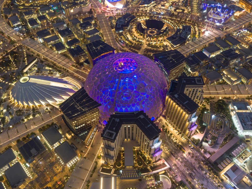 Expo 2020 Dubai committee: aerial view of Al Wasl Plaza and UAE pavilion at night